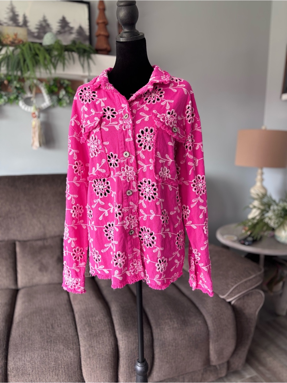Bright Pink Floral Eyelet Jean Jacket